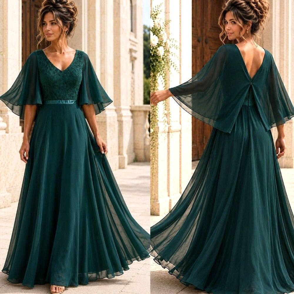 Emerald Green L Chiffon Cape Sleeve Maxi Dress Lace Formal Evening Wedding Guest